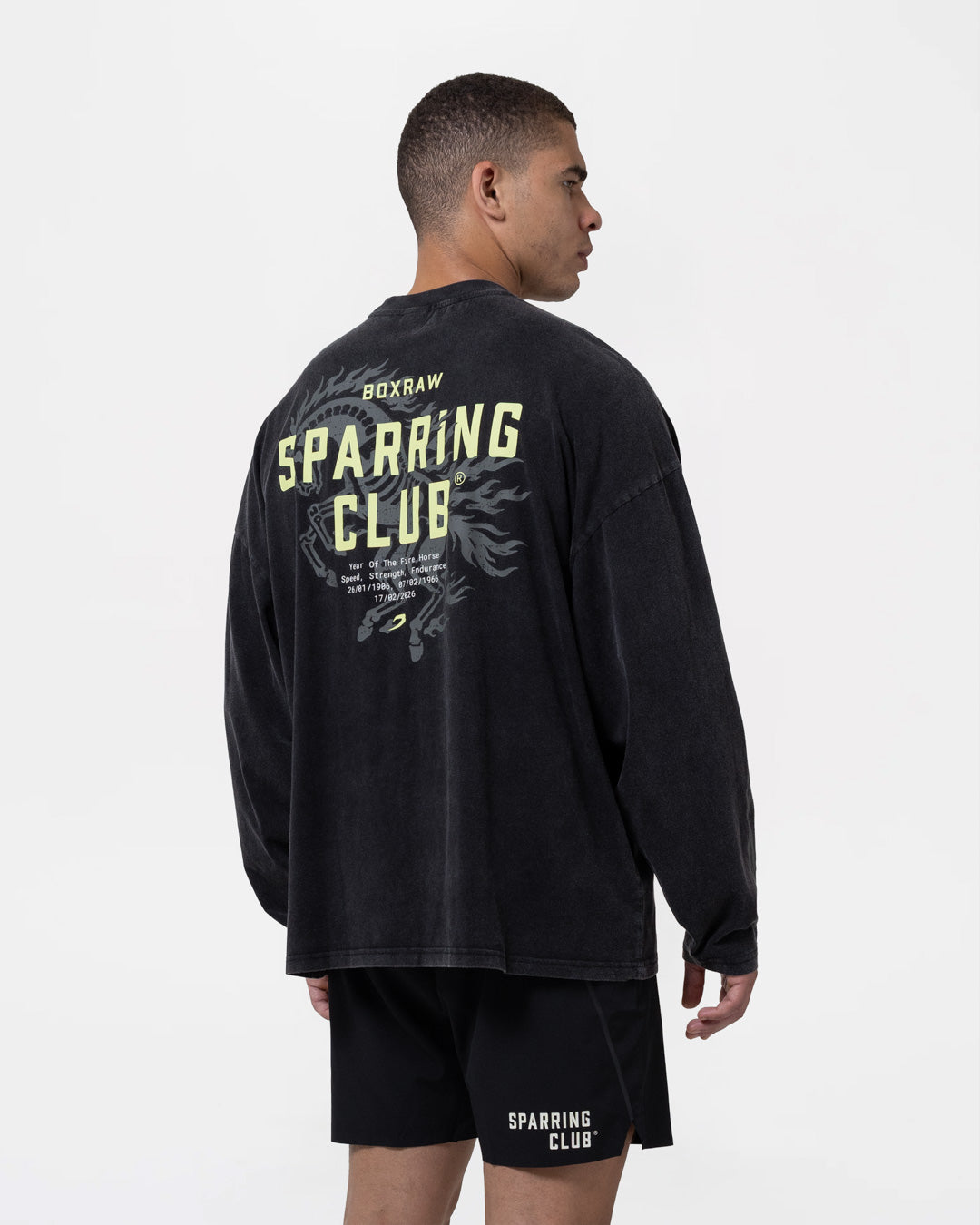 Sparring Club Fire Horse Oversized Long Sleeve T-Shirt - Washed Black