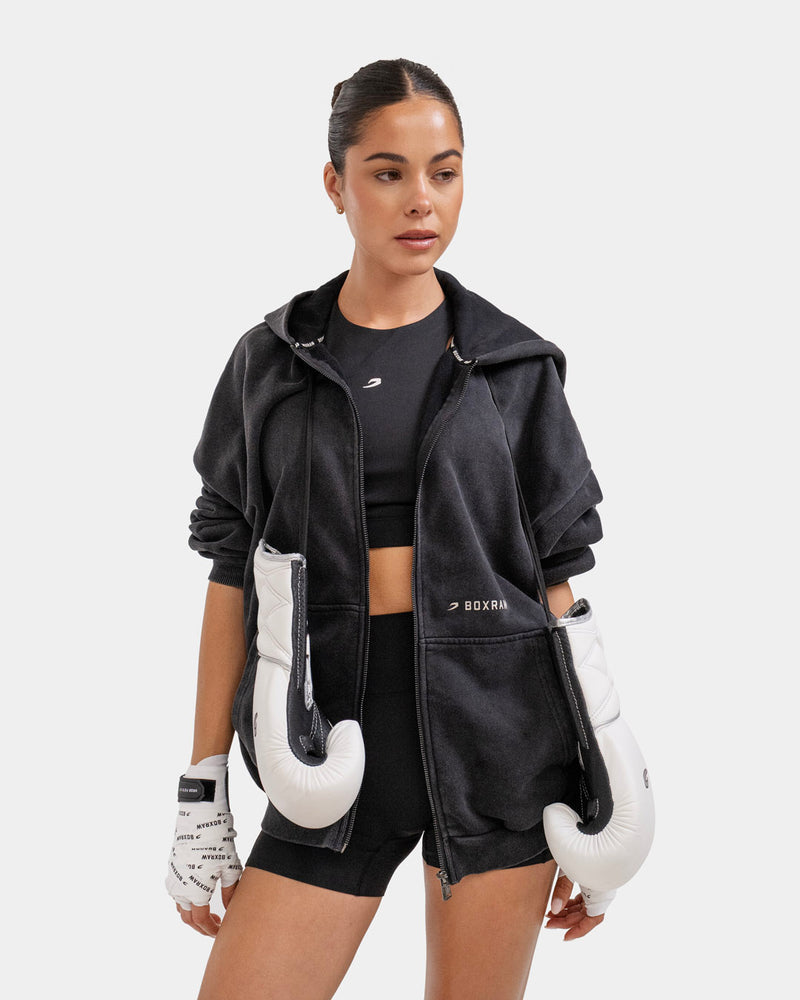 Sparring Club Oversized Zip Up Hoodie - Washed Black